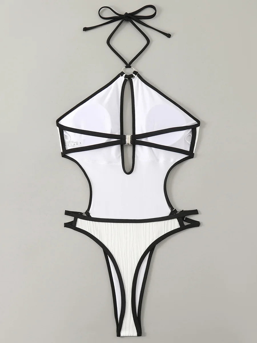 Hollow Out Wrinkled Halter One Piece Swimsuit Women Thong Swimwear Female Backless Monokini High Cut Leg Bathing Suit Beach Wear