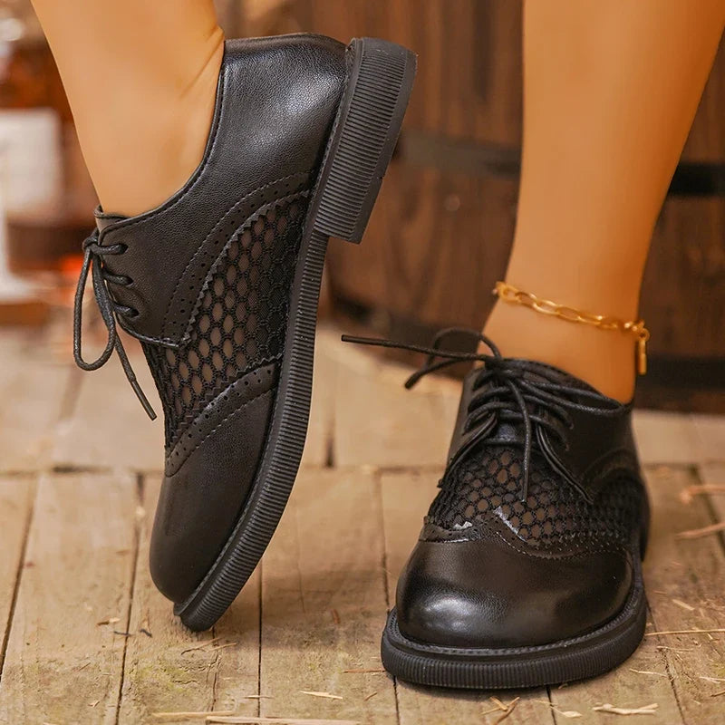 Fashion Woven Low Heel Pu Leather Shoes Women British Style Round Toe Lace Up Oxford Shoes Woman Plus Size 42 Breathable Flats