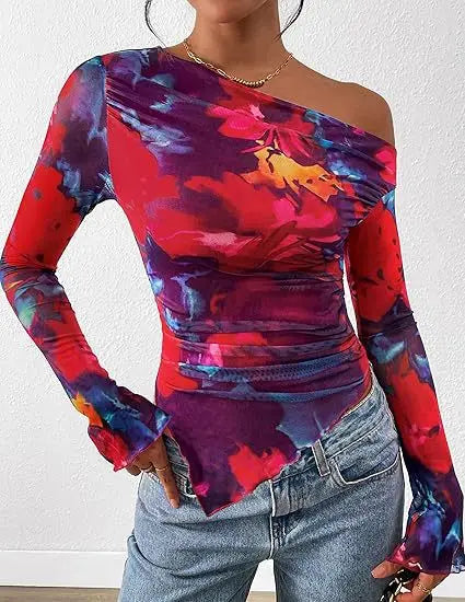 Women's Off-Shoulder Ruffled Sleeve Long-Sleeve Top with Asymmetrical Tie-Dye Mesh Asymmetrical Pleated Floral Print T-Shirt