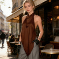 Summer Solid Color Satin Halter Top Women Asymmetrical Hem Cowl Neck Sleeveless Backless Vest Streetwear