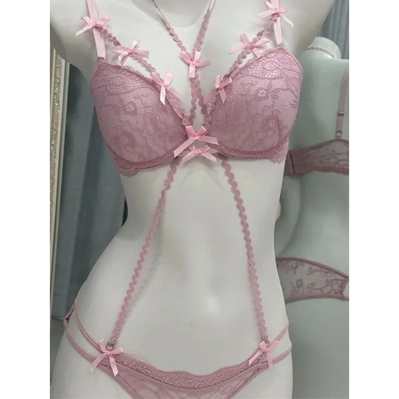 Boho Layered Lace Halter Bra Set - Hollow Out Bow Design Top, Inner Red Lace Up Bra, Summer Beach Two Piece Lingerie Set MOYISU