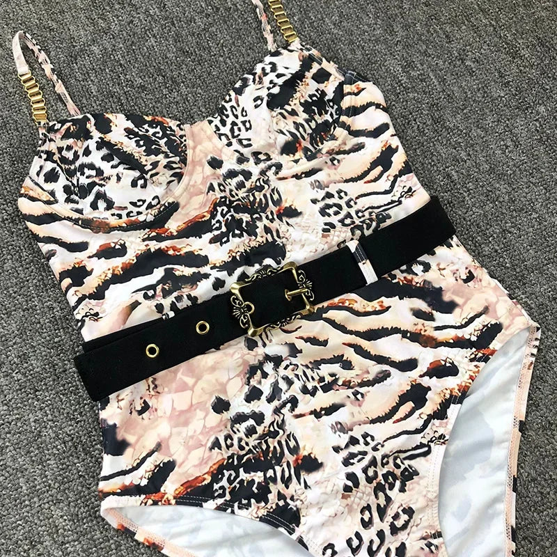Ribbed Push up Underwired Metal Chain Women Swimwear One Piece Swimsuit Female Waist Belt Monokini Bather Bathing Suit Swim Lady