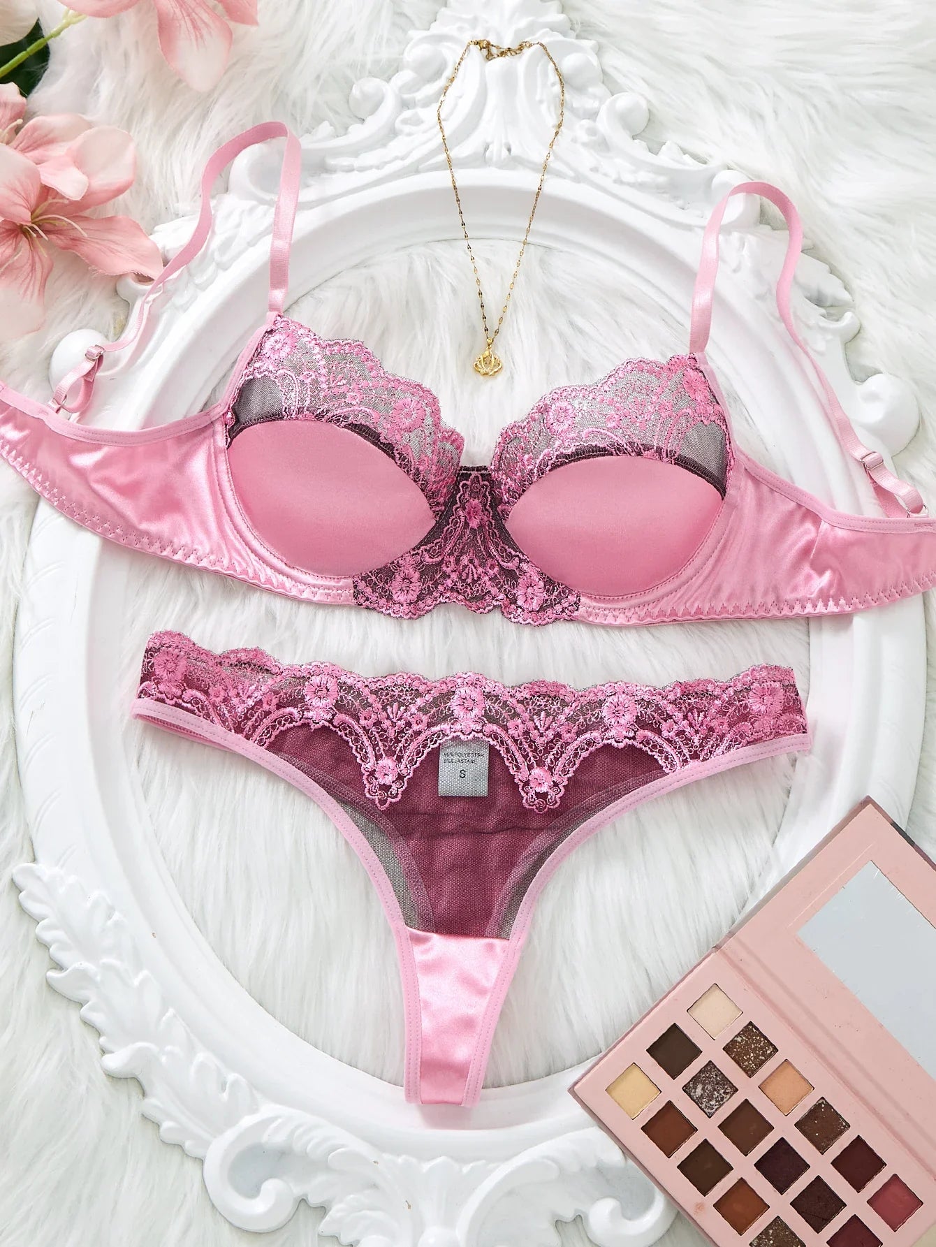 Sexy Pink Floral Lace Bra Thong Set Women Satin Trim Padded Underwire 2‑Piece Sheer Mesh Intimate Lingerie Sleepwear ZA825289