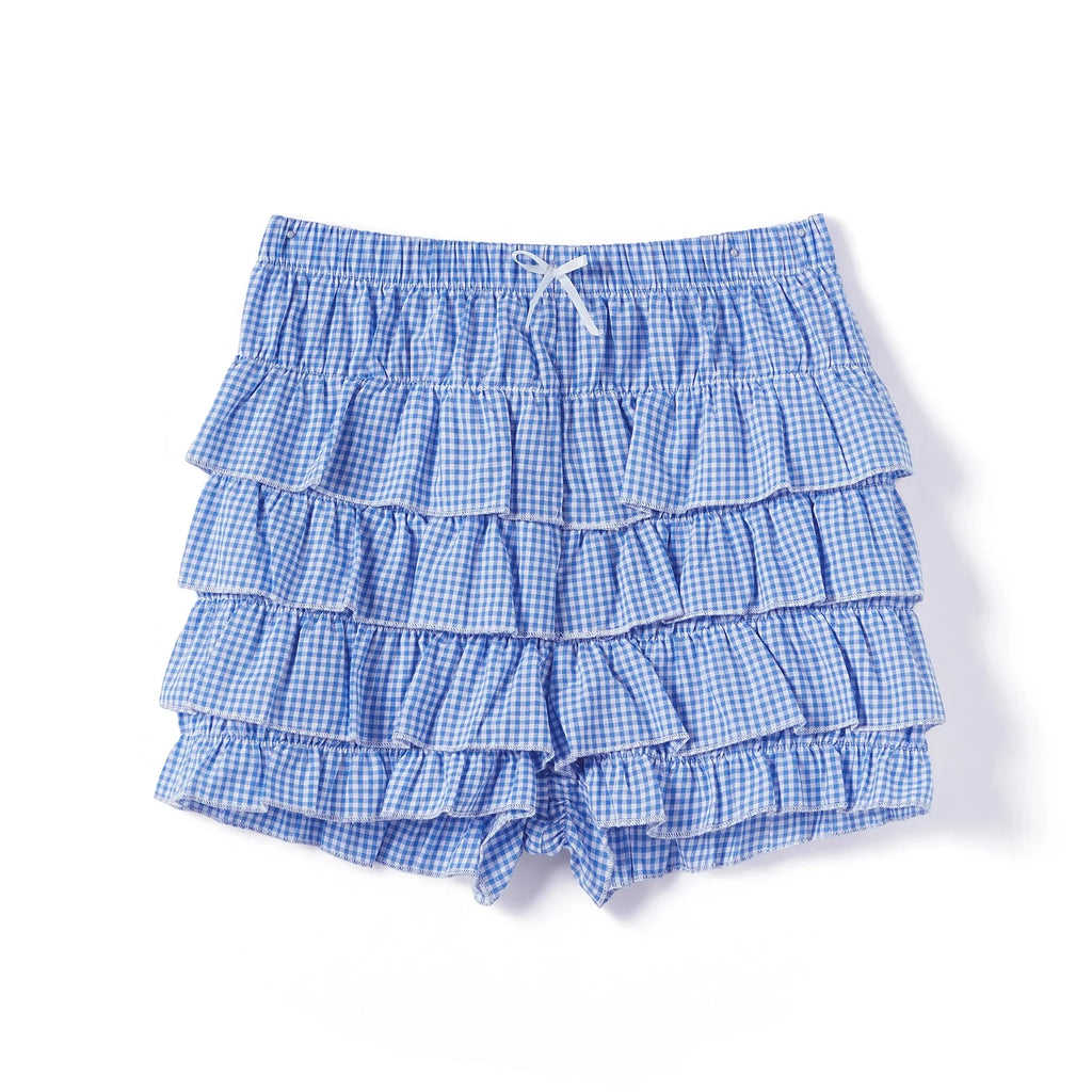 Women’s Layered Ruffle Bloomer Shorts Elastic Waist Little Bow Front Plaid Print Shorts Summer Bottoms