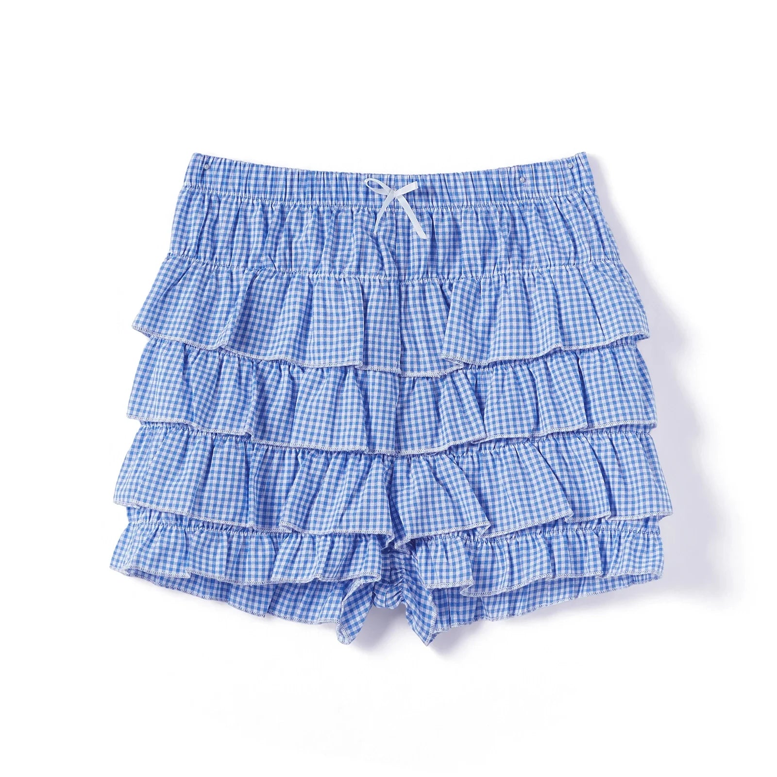 Women’s Layered Ruffle Bloomer Shorts Elastic Waist Little Bow Front Plaid Print Shorts Summer Bottoms