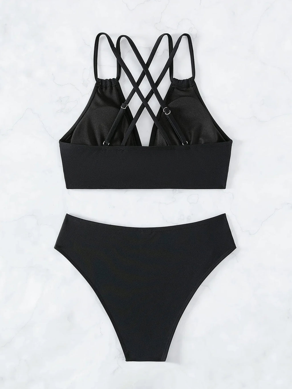 Sexy Solid Black Two Piece Swimsuit for Women Summer New High Waist Bikini Set Beach Vacation V-neck Backless Swimwear 2026