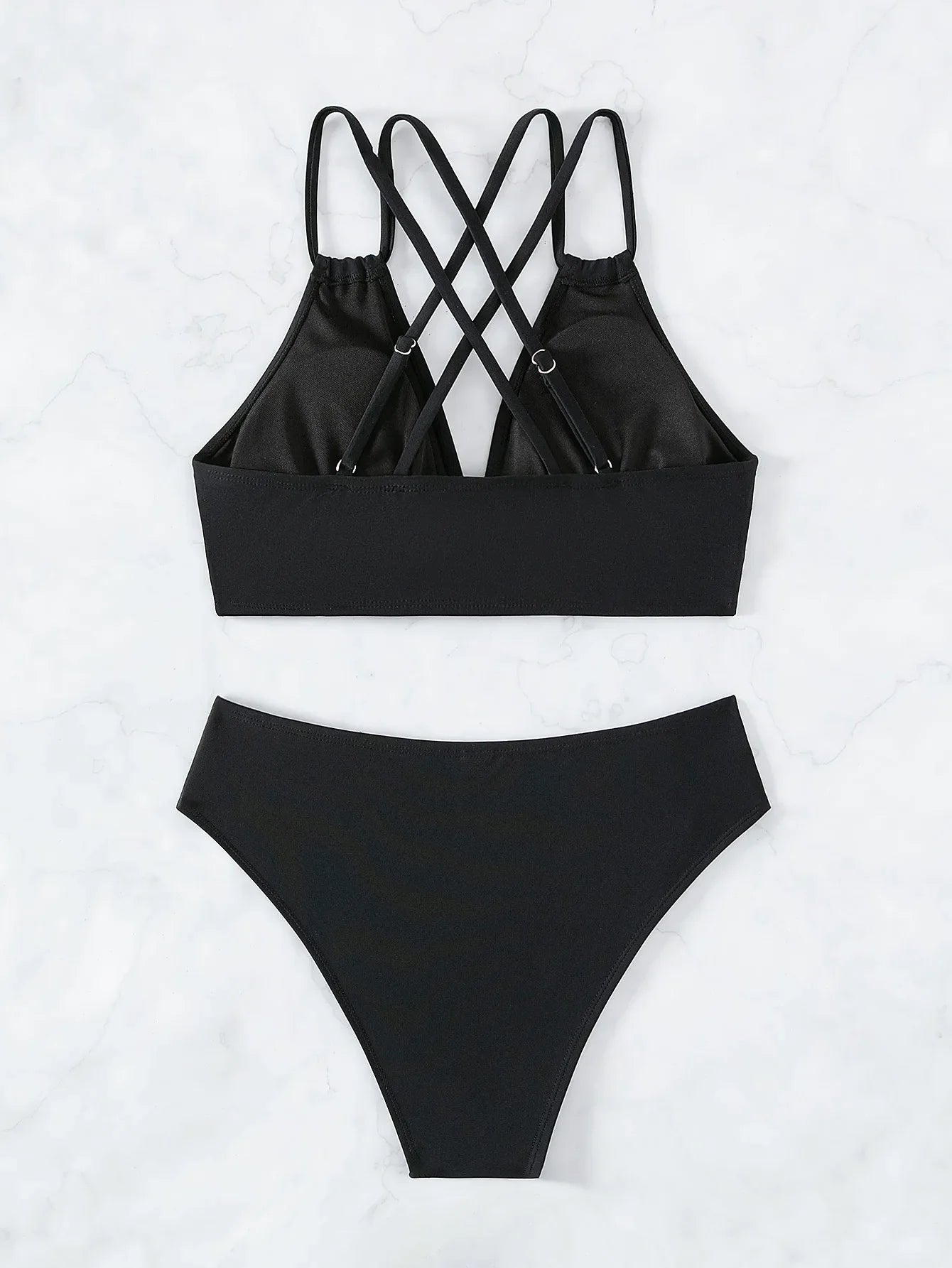 Sexy Solid Black Two Piece Swimsuit for Women Summer New High Waist Bikini Set Beach Vacation V-neck Backless Swimwear 2026
