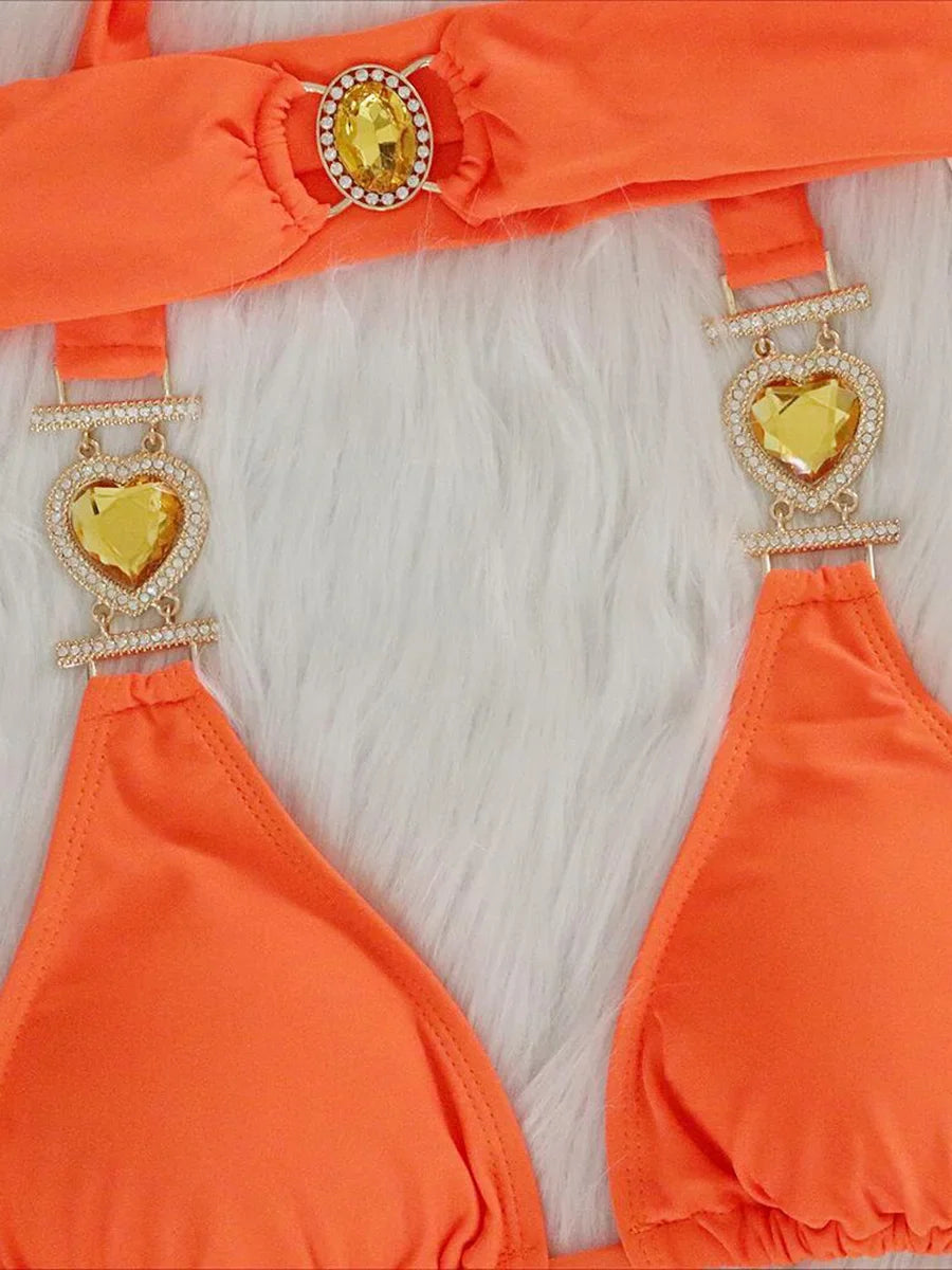 3PCS Halter Jewelled Diamond Bikini Women Swimsuit Female Swimwear Three Pieces Bikini Set Brazilian Hairband Bathing Suit Swim