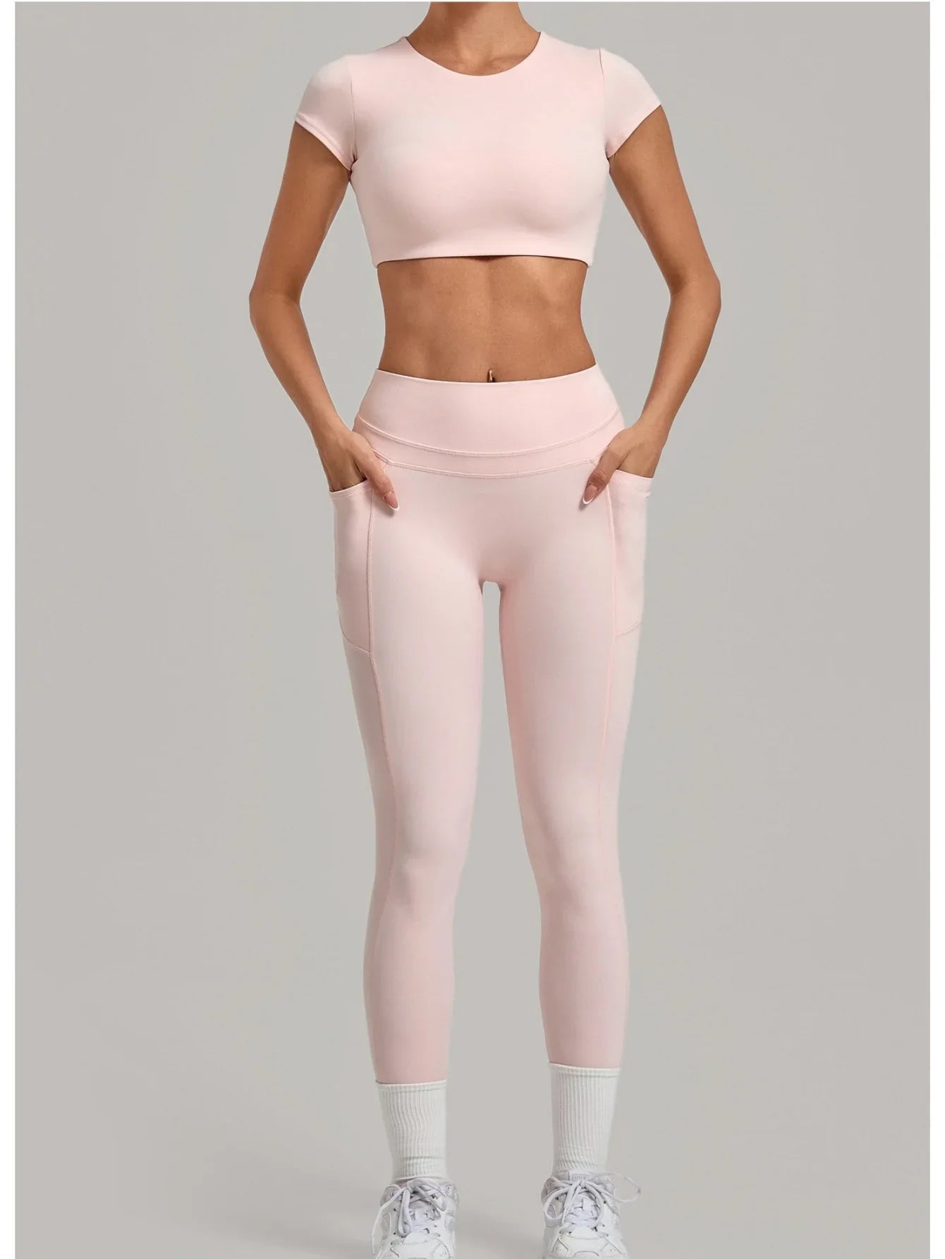 Yoga Set Women's Tracksuit Short Sleeve Back Hollow Out Sports Top Athletic Wear Tight High Waist Pocket Leggings Fitness Suits