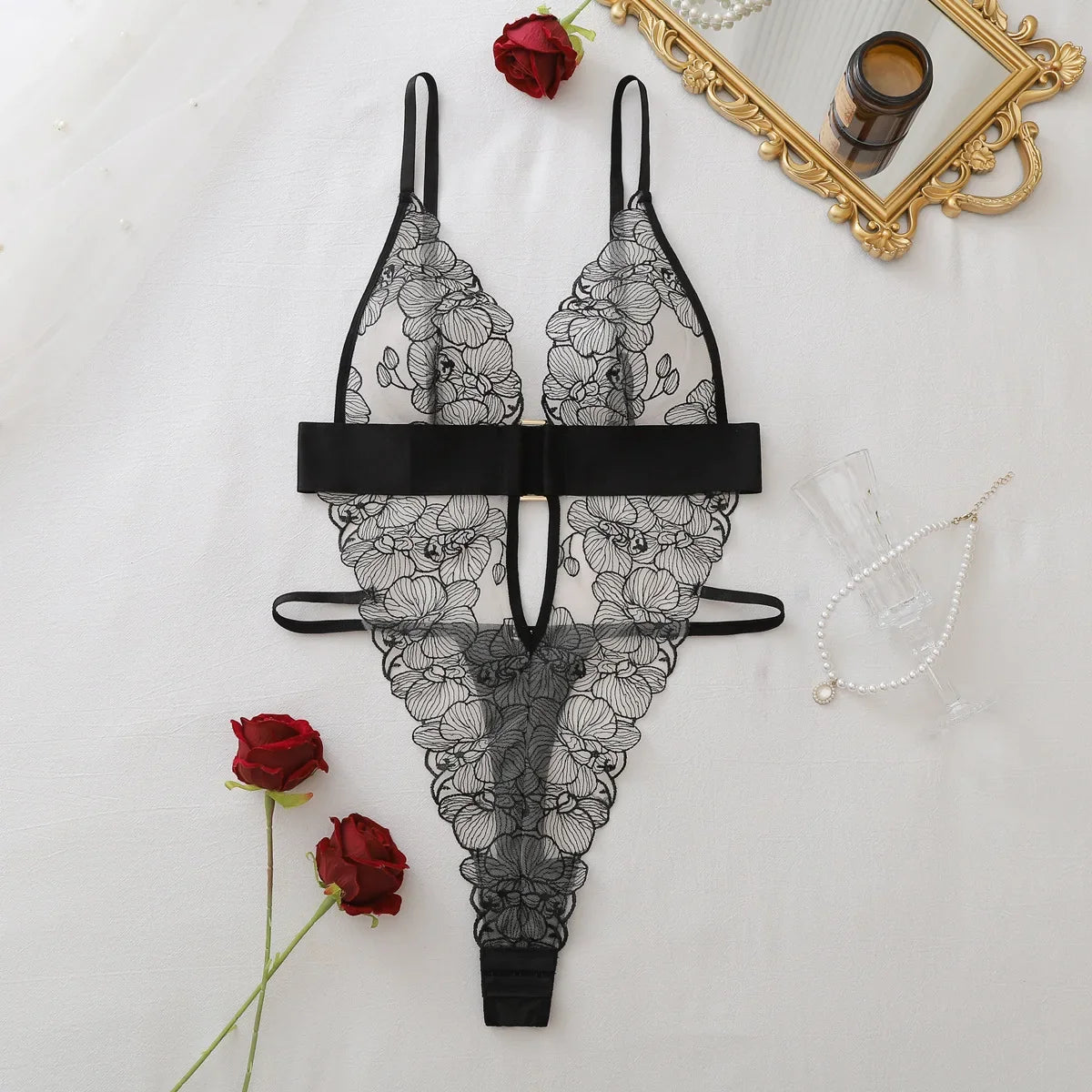 Sexy One Piece Bodysuit Lace Hollow Out Jumpsuit Women Erotic Lingerie