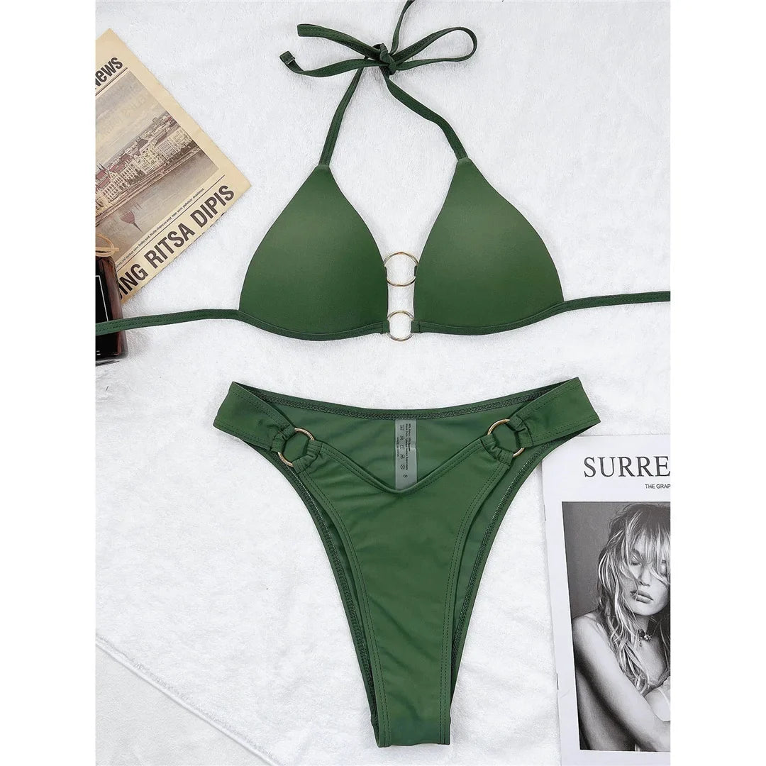 Sexy Halter Bikini Push Up Swimsuit Female Swimwear Women Two-Pieces Bikini Set With Bra Cup Bather Bathing Suit Swim Lady V3433