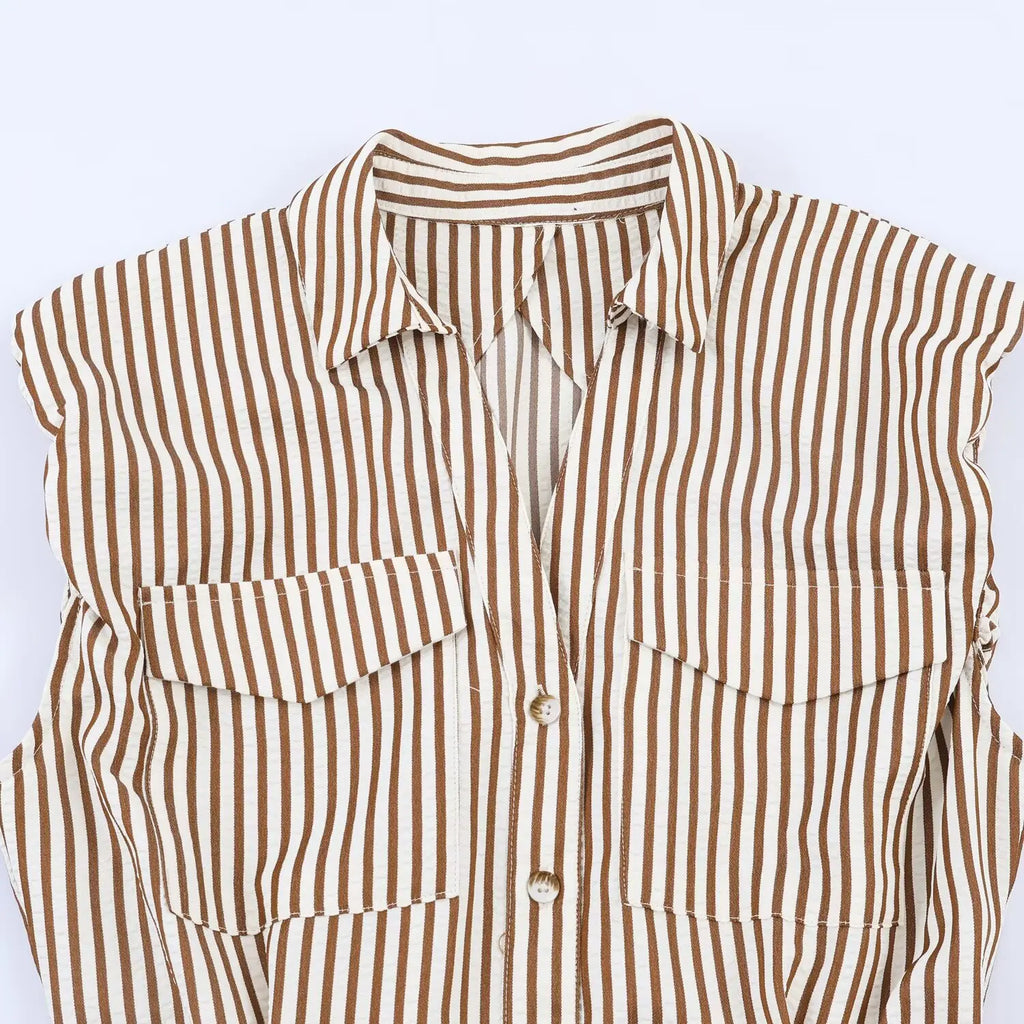 Women's Belted Striped Shorts Jumpsuit Women Striped Sleeveless Button Down Belted Pocket Detail Casual Jumpsuit For Summer 9X2T