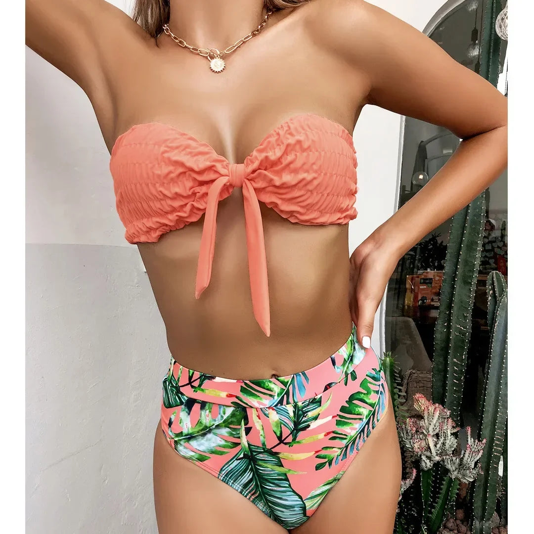 2026 Sexy Bikini Bandeau Women Push Up Swimwear Swimsuit Pleated Leaf Print High Waist Backless Bikinis Set Beach Bathing Suit