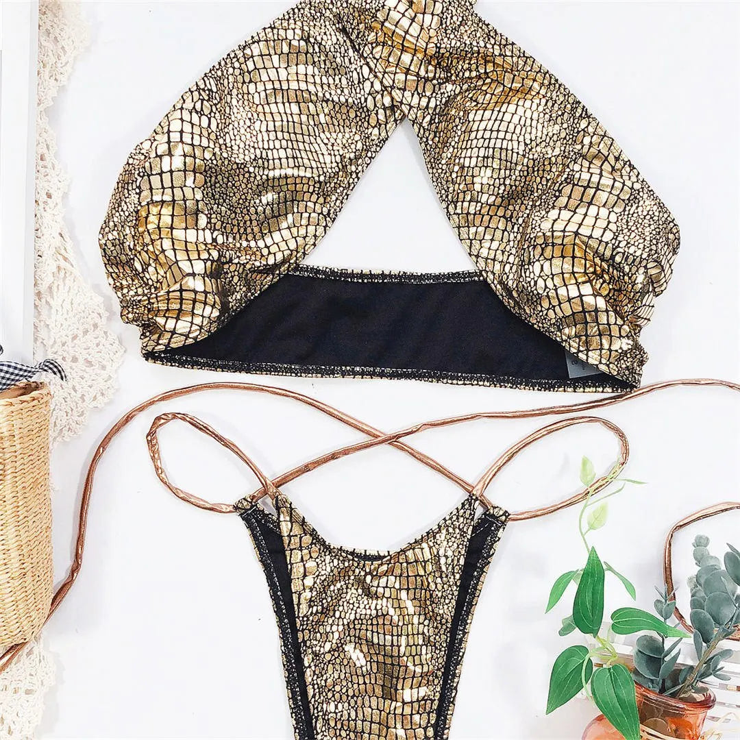 2026 Shiny Halter Thong Bikini Women Swimwear Female Swimsuit Two-Pieces Bikini Set Wrap Around Bather Bathing Suit Swim V2089