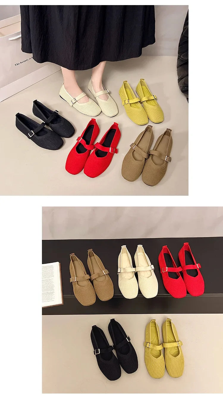 Women Flats Summer Trend Knitted Mary Jane Shoes for Woman Breathable Footwear Lightweight Casual Flat Shoes Zapatos De Mujer