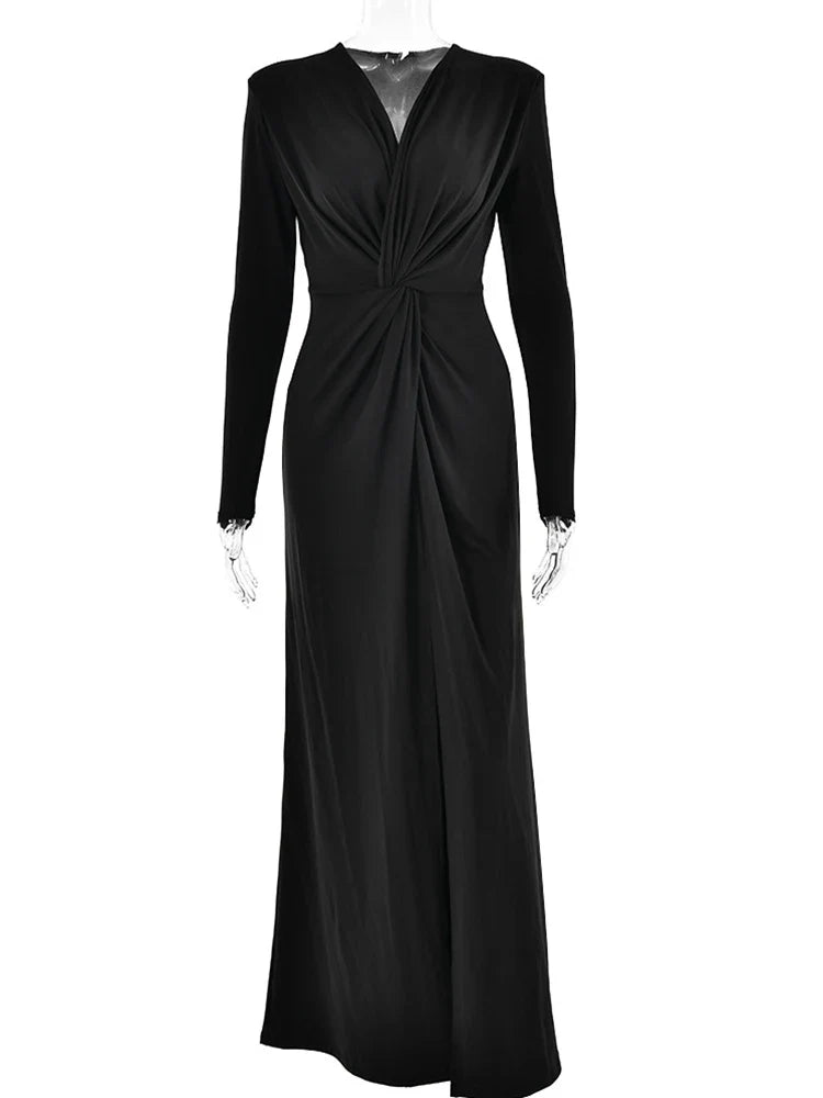 Ahagaga Fashion Sexy Elegant Maxi Dresses Streetwear V-neck Casual Solid High Split Long Sleeve Slim Sheath Party Women Vestidos