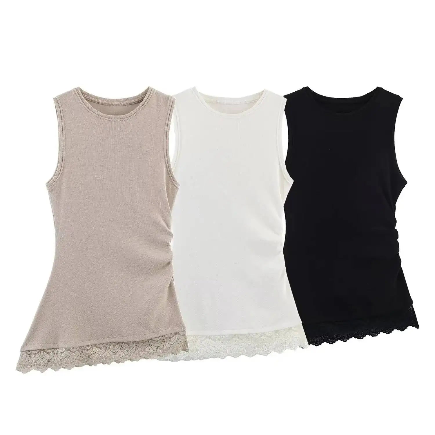 Women's Fashionable  Casual Pleated Lace Top Women Ruched Side Lace Trim Sleeveless Tank Top Casual Slim Fit Basic Tops 1JTD