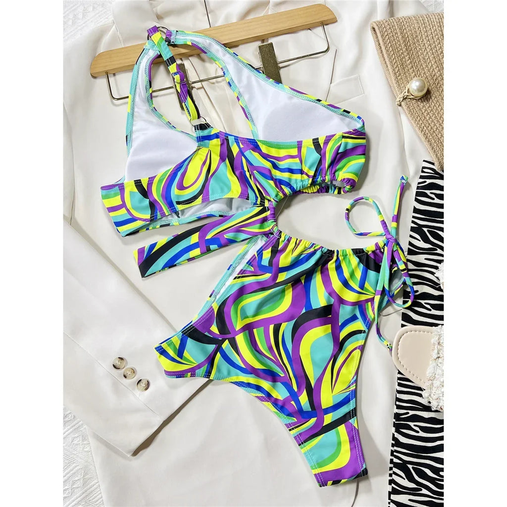 Asymmetric Printed Cut Out One Shoulder One Piece Swimsuit Women Swimwear Female Monokini Padded Bather Bathing Suit Swim V4276