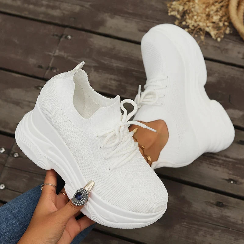White Knitted Wedge Heels Sneakers Women Spring Autumn Breathable Chunky Platform Sneakers Woman Slip On Mesh Running Shoes 42