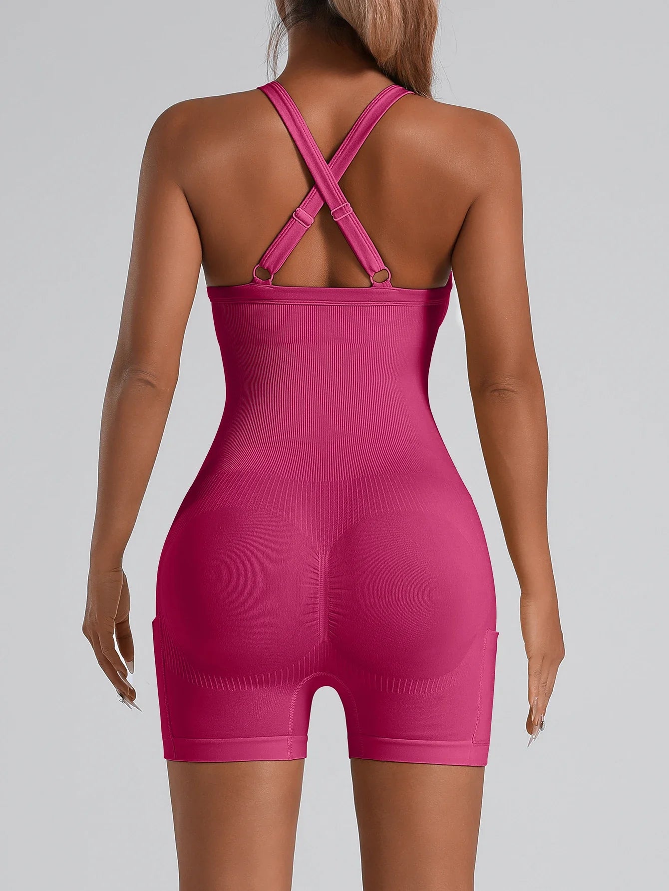 Adjustable Crisscross Back Fitness One Piece Jumpsuit Side Phone Pocket Tummy Control Athletic Yoga Bodysuit