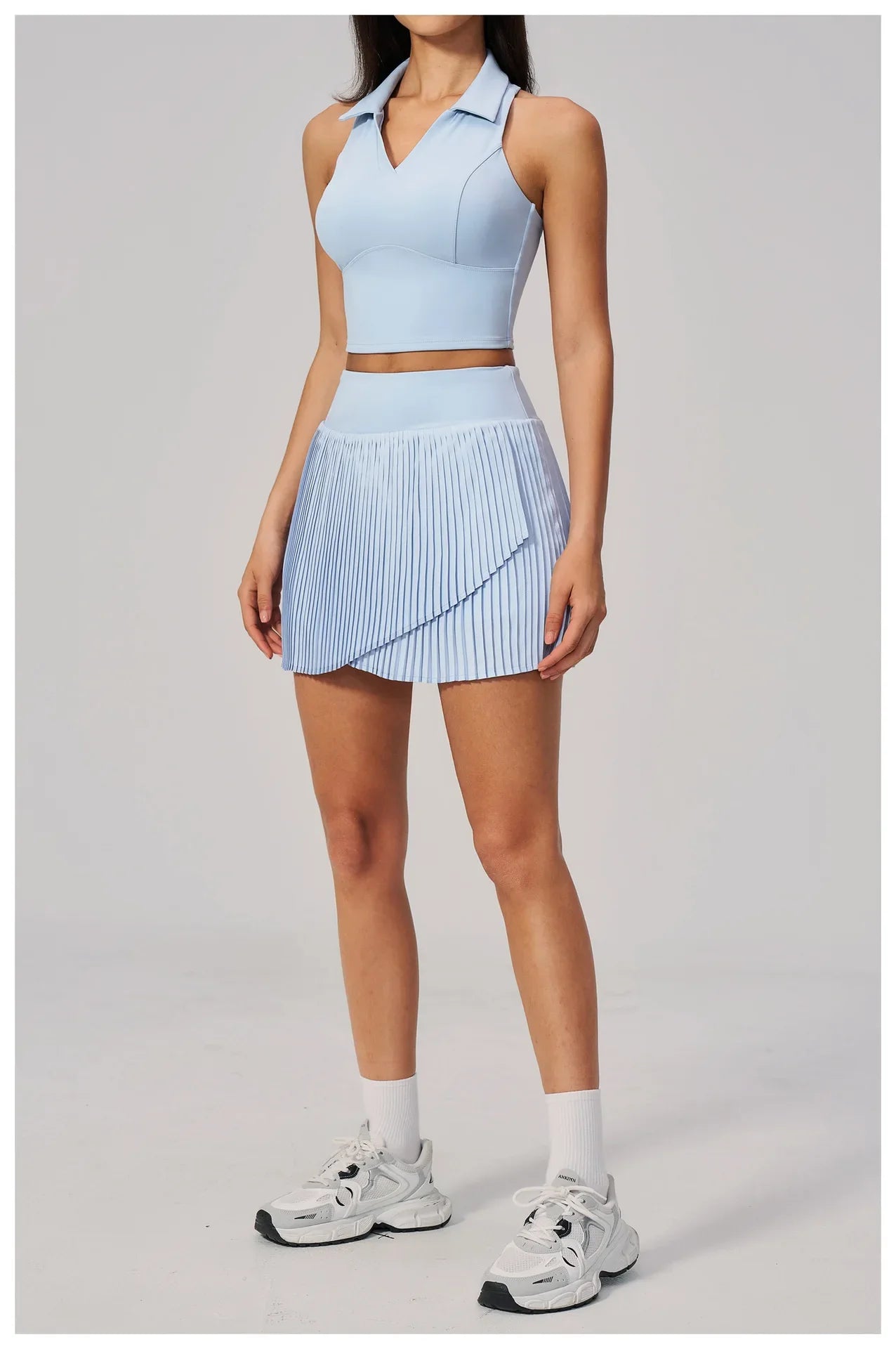 Women's Tracksuit Yoga Set 2 Pieces High Waist Pleate Pocket Skort Fitness Suit Turn Down Collar V Neck Slim Tank Top Sporstwear