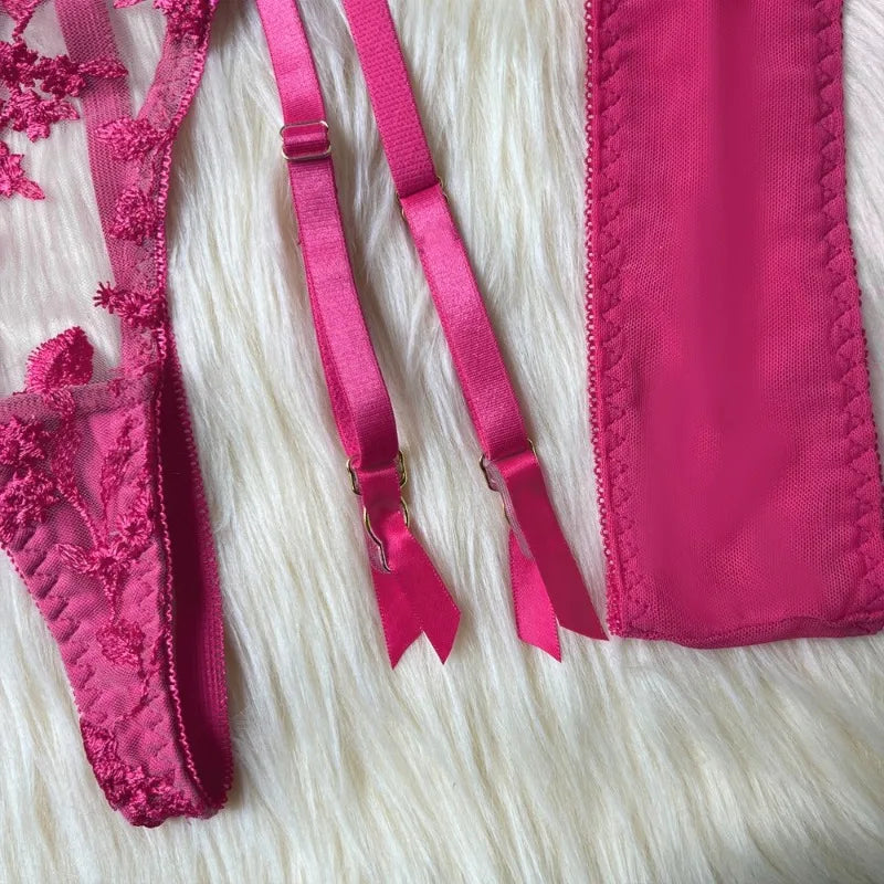 Toucheart Sexy Lingerie Embroidery Printing Bra Garters Set For Women Mesh See- Through Hollow Out Exotic Sexy Underwear Suit