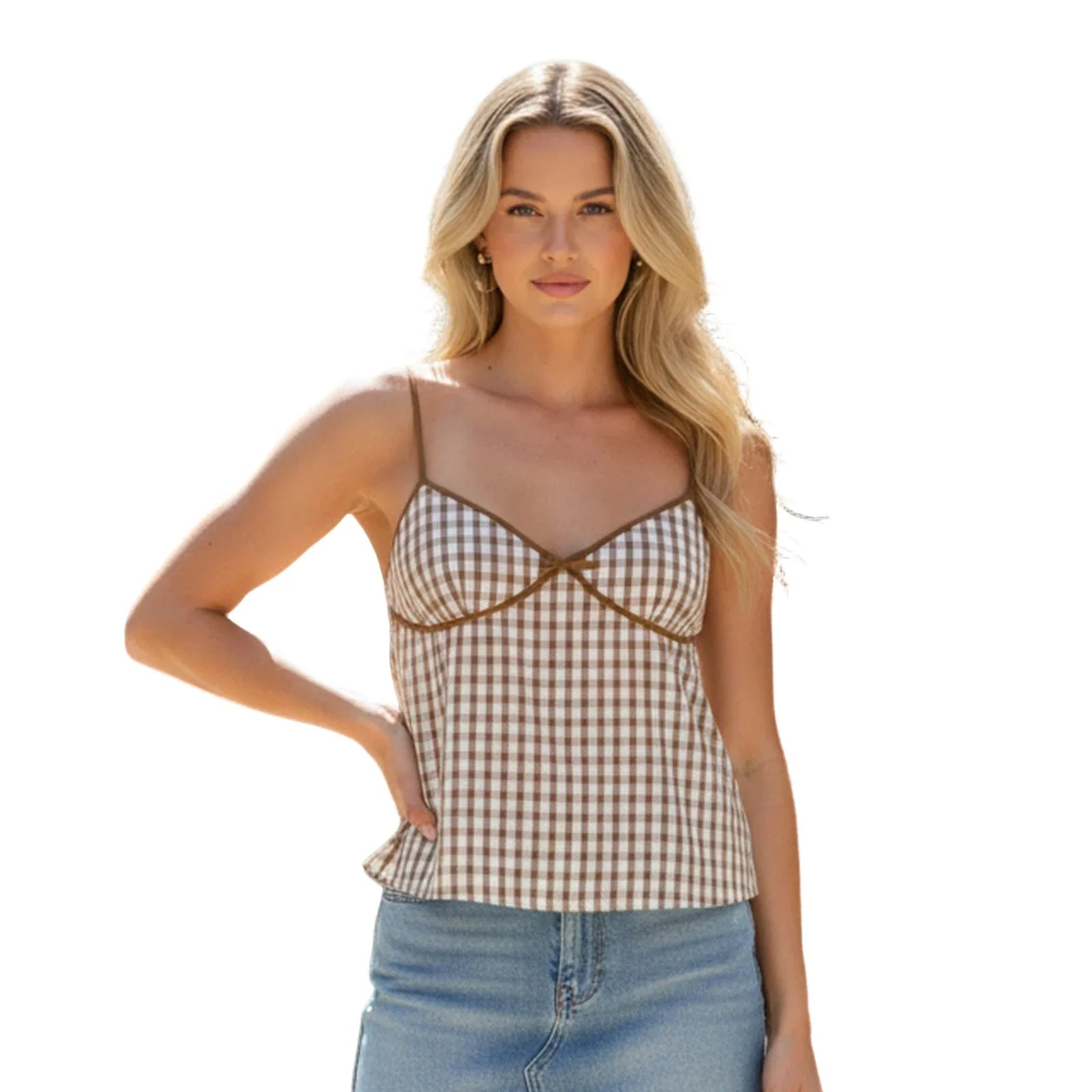 Women Camisole Sleeveless V-neck Backless Plaid Print Tops Summer Vest for Party Club