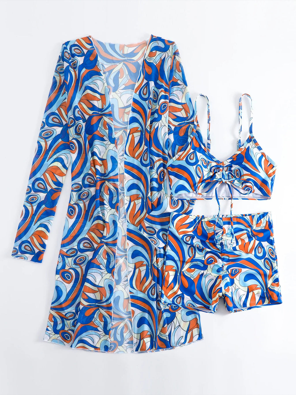 New Sexy 3 Pieces Suit for Women Neck Hanging Bikini Set+Cover-up Swimwear Sunproof Tankini High Waist Shorts Swimsuit Beachwear