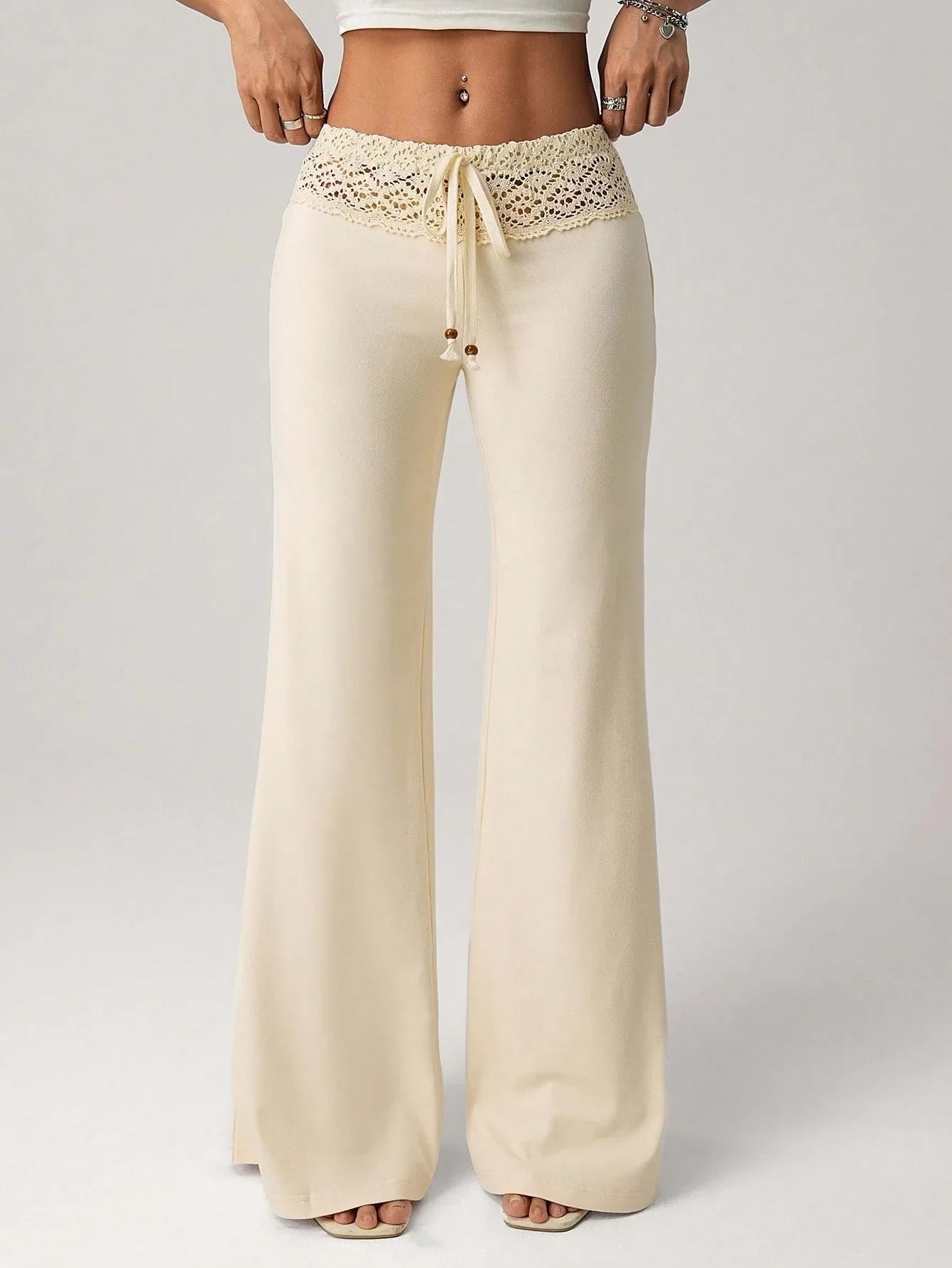 2026 New Women Elegant Solid Color Lace Trim High Waist Wide Leg Pants Casual Loose Palazzo Trousers