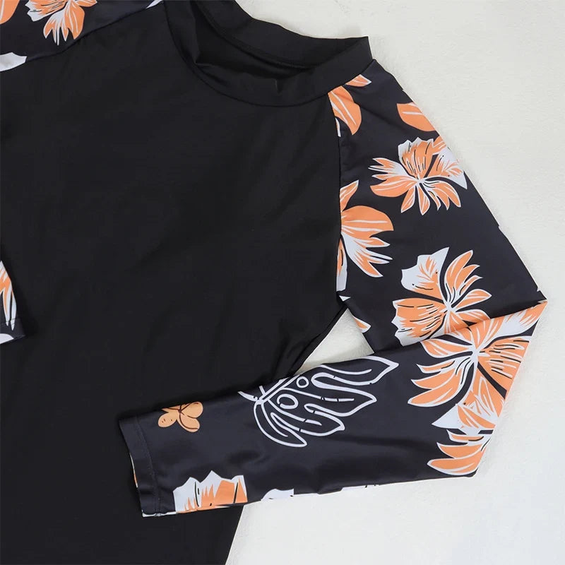 Women Two Pieces Vintage Print Rash Guard Swimwear Long Sleeve Shirt Shorts Surf Top Retro Print Running Shirt Split Swimsuit