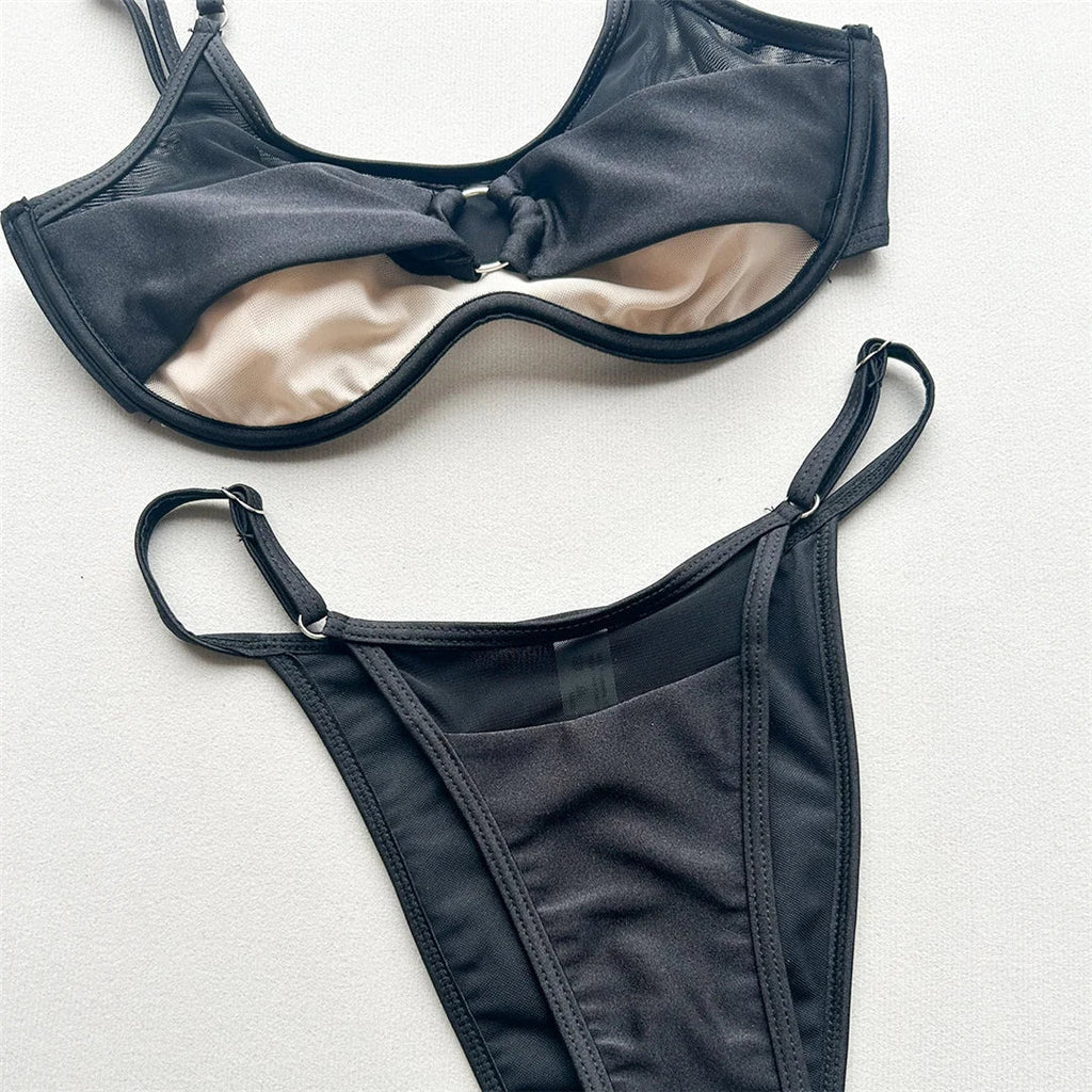 New Splicing Mesh Sheer Bikini Women Swimwear Female Swimsuit Two-Pieces Bikini Set High Leg Cut Bather Bathing Suit Swim V7742