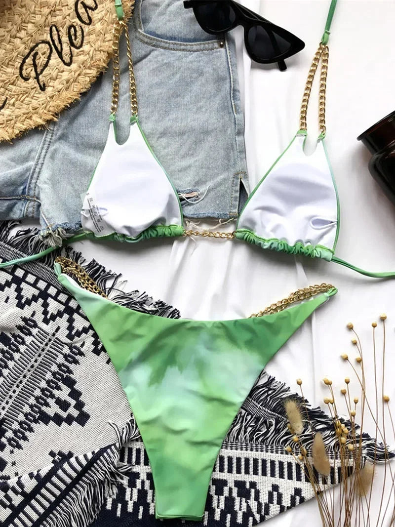 Sexy Cow Print Halter Metal Chains Brazilian Bikini Women Swimsuit Female Swimwear Two Pieces Bikini Set Bathing Suit Swim Lady