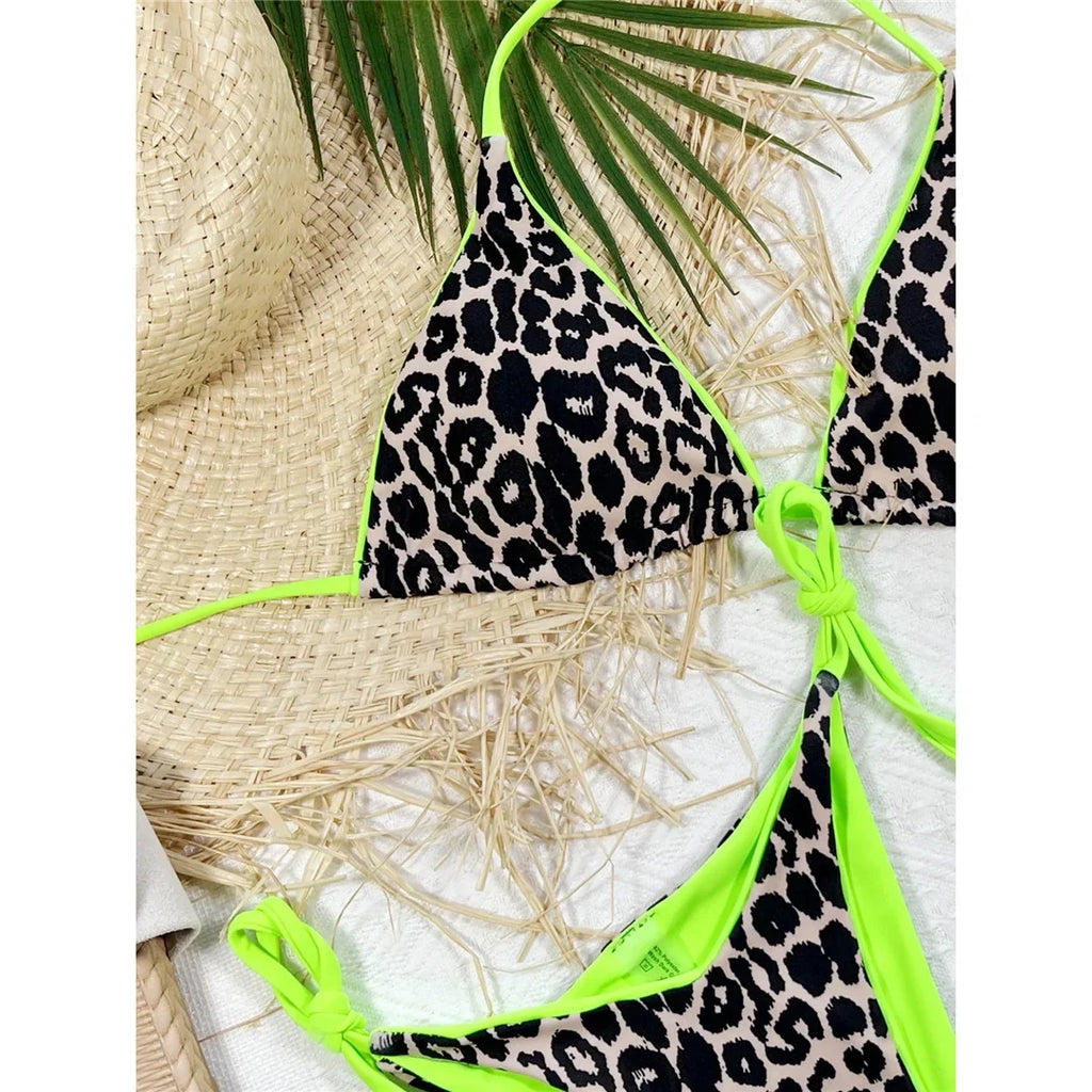 Sexy Leopard Printed Halter Brazilian Bikini Women Swimwear Female Swimsuit Two-Piece Bikini Set Bather Bathing Suit Swim V3681