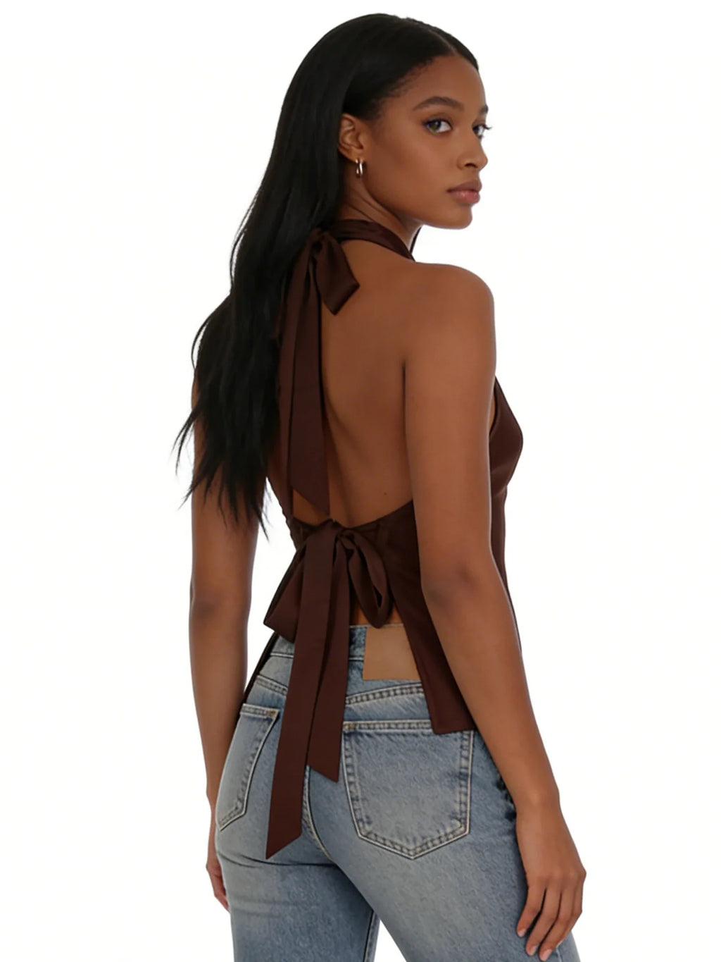 Women Halter Cowl Neck Tank Tops Slim Solid Color Satin Sleeveless Backless Vest for Going Out Party Club