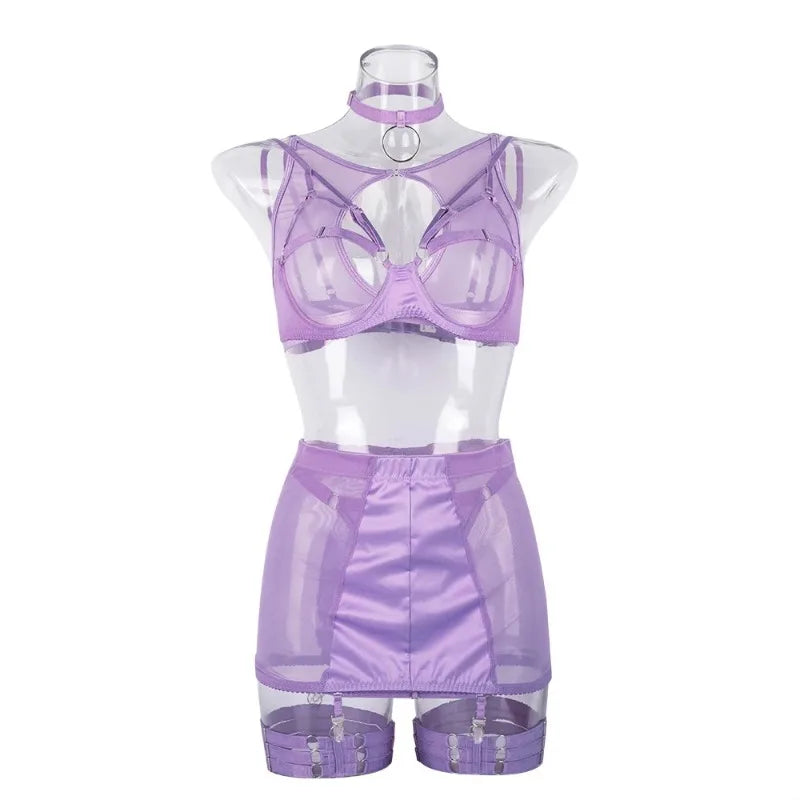 Toucheart 5-Pieces Erotic Lingerie Sexy Hip Skirt For Women Mesh Patchwork Hollow Out See-Through Lure Garters Underwear Suit