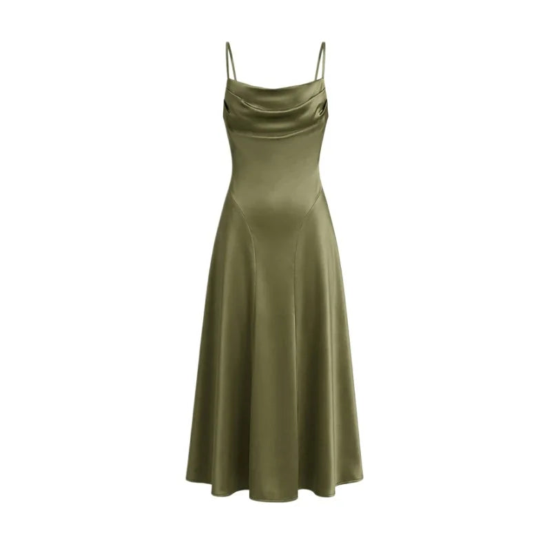 Australian Women's Back-cross-strap Hollow-out Camisole Dress With Chest Pleats Slim-fit Waist And Long Skirt Pure Desire ZJBL