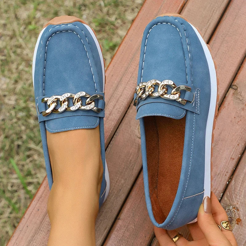 Fashion Metal Chain Soft Sole Flats Shoes Women Spring Autumn Pu Leather Platform Loafers Woman Slip On Non Slip Casual Shoes