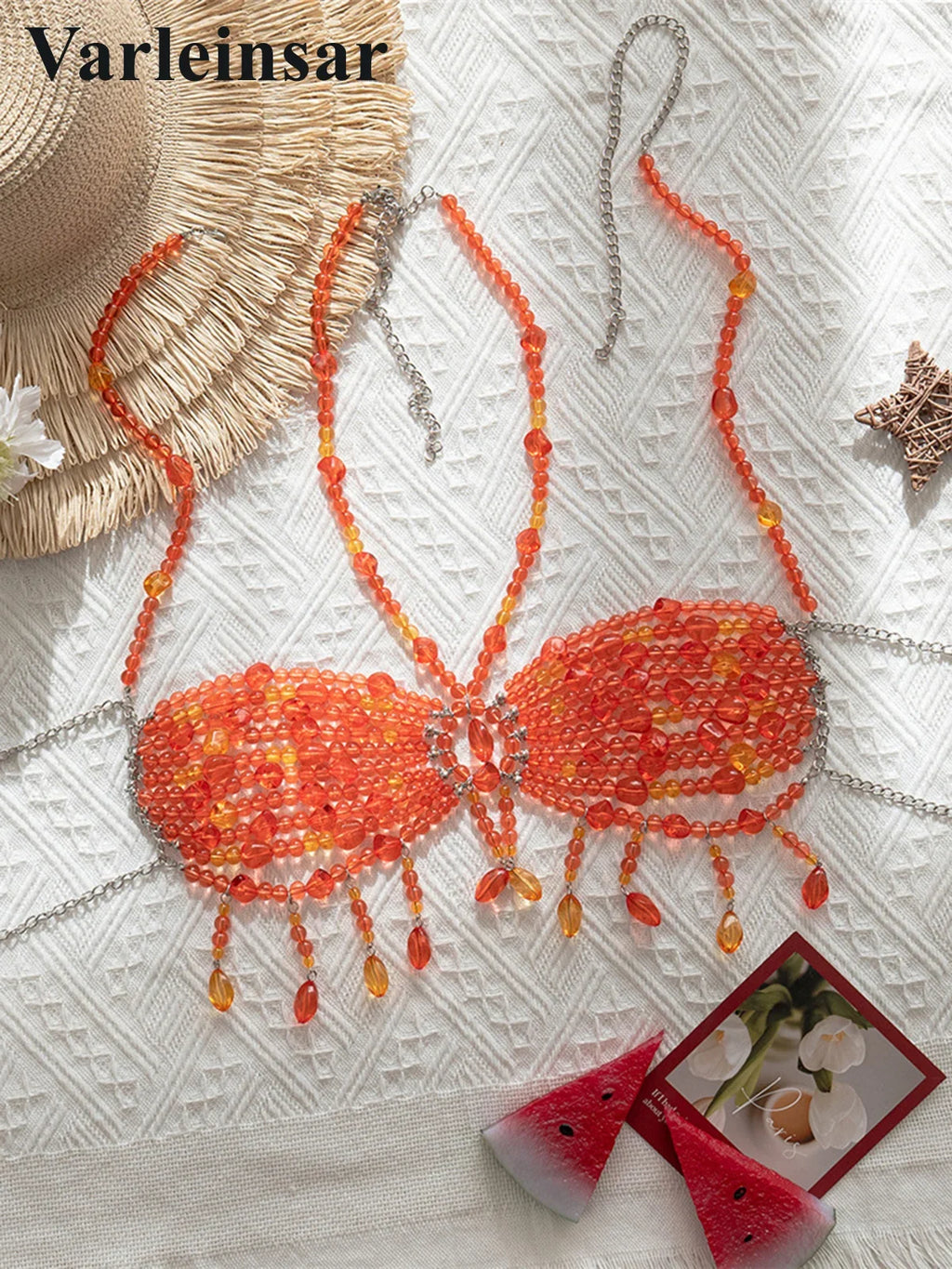 Pearls Beads Halter See Through Bikini Top Female Swimsuit Women Swimwear Bather Bathing Suit Swim Hollow Out Beach Top V8224
