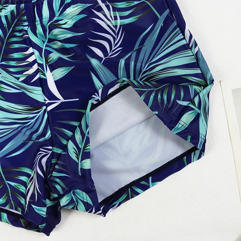 Women Two Pieces Vintage Print Rash Guard Swimwear Long Sleeve Shirt Shorts Surf Top Retro Print Running Shirt Split Swimsuit