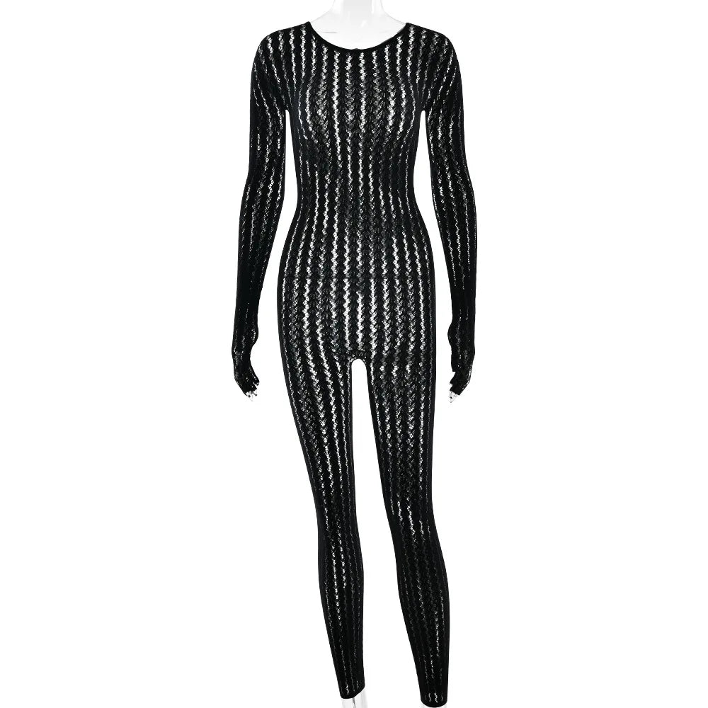 FDYOUI Sexy See-through Bodysuit Women's Long Sleeve Night Club Overalls Black Streetwear Lady Chic One Piece Party Jumpsuits
