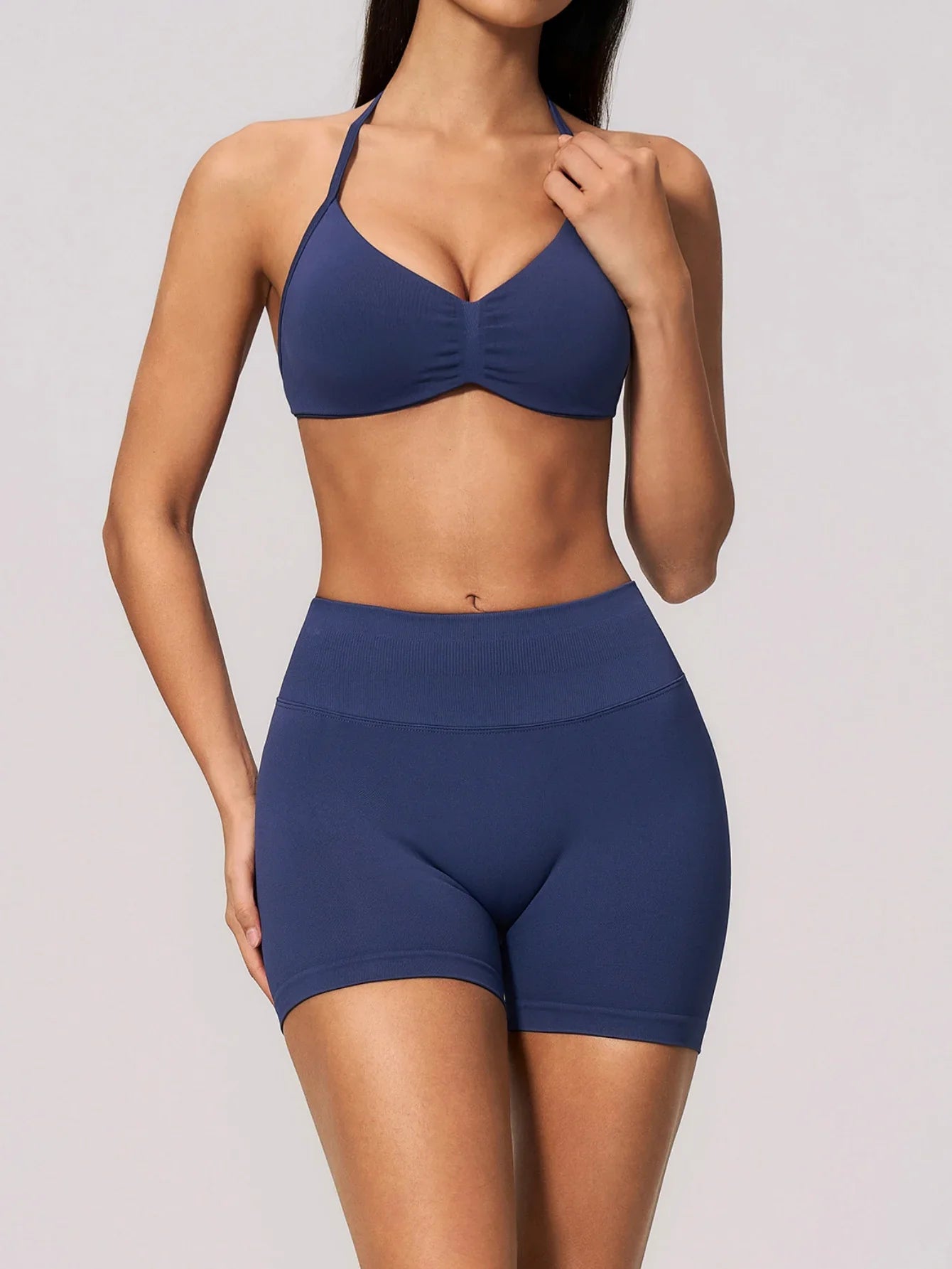 Seamless Yoga Suit Women Exposed Back Pleate Sports Bra High Waist Shorts Fitness Sets Outdoor Running Athletic Wear Tracksuit