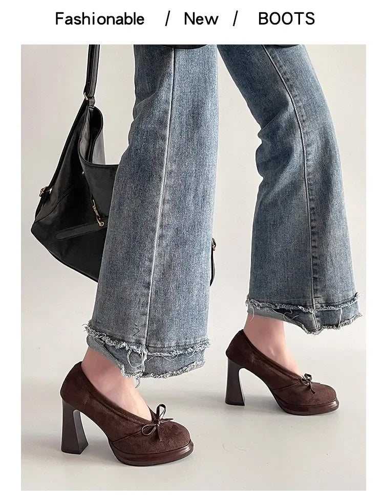 Spring Autumn Platform Mary Jane Shoes Women Thick High Heels Shoes Vintage Slip on Butterfly-knot Pumps 2026 New