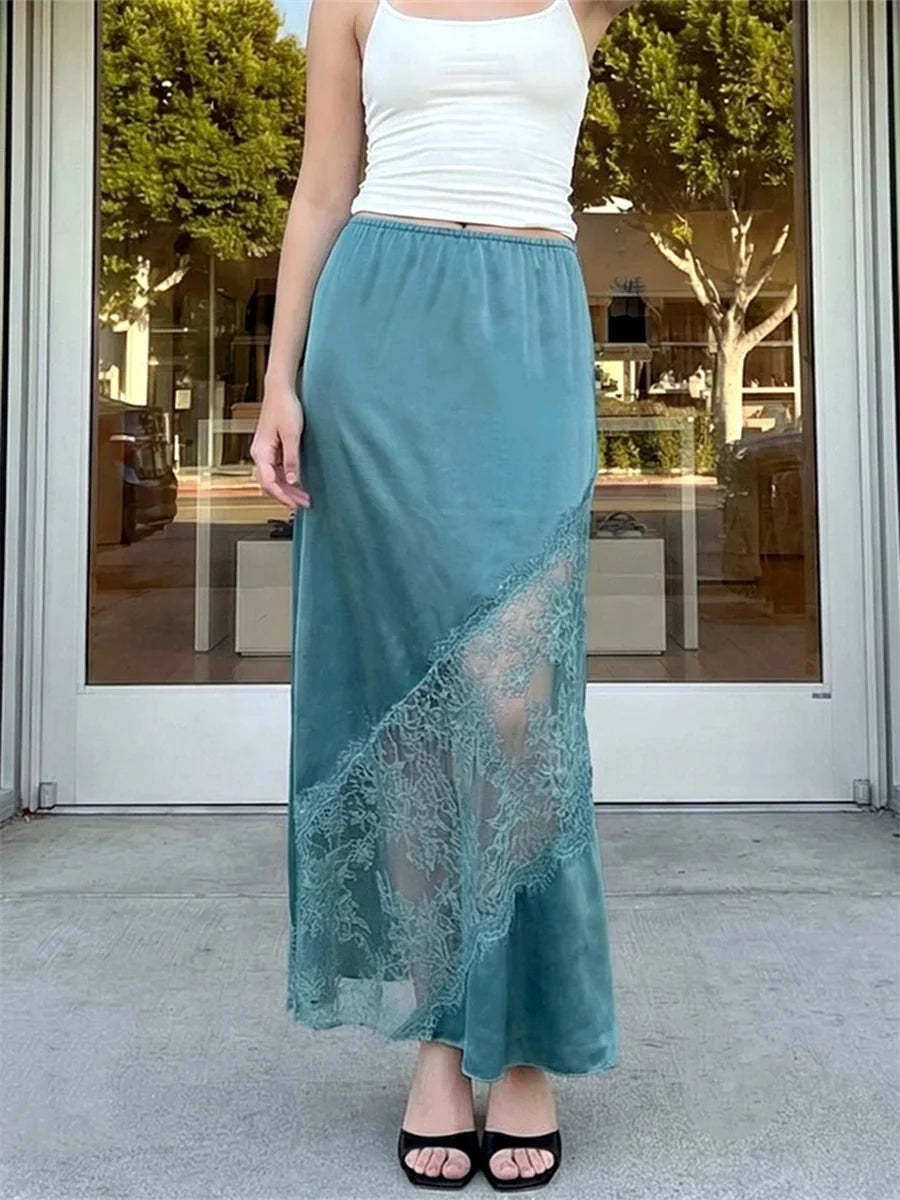 Fashion Stylish Women's Long Skirt Solid Color Satin Lace Patchwork Mid Rise Skirt for Spring Summer
