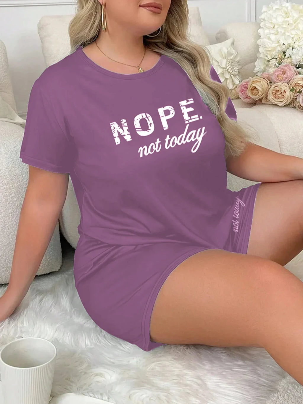 Plus Size 3XL 4XL 5XL Casual Loungewear Letters Print Pajamas Set Women's Short Sleeve Tee And Elastic Shorts Homewear