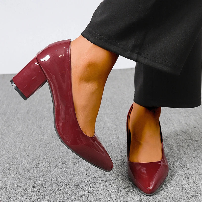 Plus Size 42 Pointed Toe Thick Heels Pumps Women Slip On Pu Leather High Heels Shoes Woman High Heeled Office Party Shoes Ladies