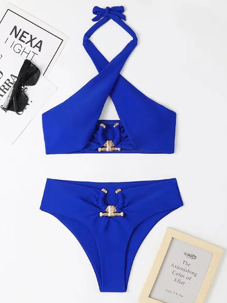 2026 Halter Bikini Solid Metal Link Swimsuit Women Hollow Out Swimwear Female Bathers Bathing Swimming Swim Suit Beachwear