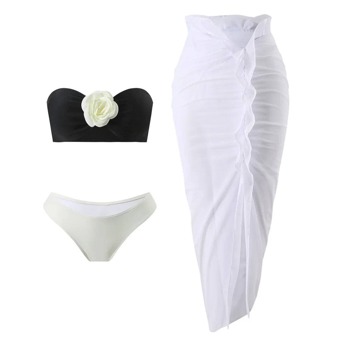 Sexy 3D Flowers Bandeau With Skirt Bikini Female Swimsuit Women Swimwear Three-Pieces Bikini Set Bather Bathing Suit Swim V5706