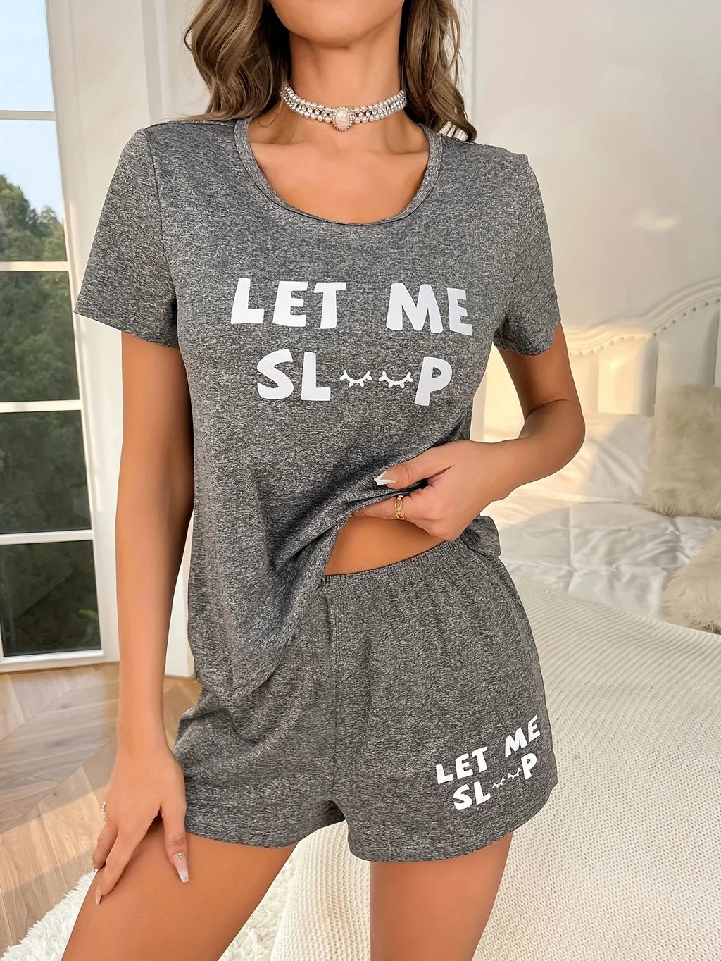 Women’s Letter Print Pajama Set 2PCS Short Sleeve Top and Shorts Sleepwear Loungewear Soft Cotton Homewear Summer Nightwear