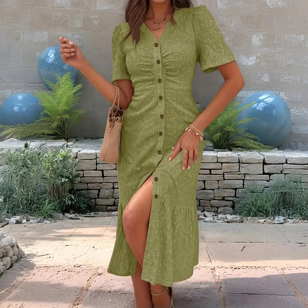 Women's Button Down Ruched Long Dress Summer Beach A-Line Swing Sundress Casual Short Sleeve V-Neck Maxi Dress