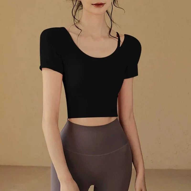 Women's Quick-Dry Yoga Sports Top with Chest Cushion Sexy Short-Sleeved Fitness T-Shirt Tight-Fitting Navel Revealing Yoga Suit